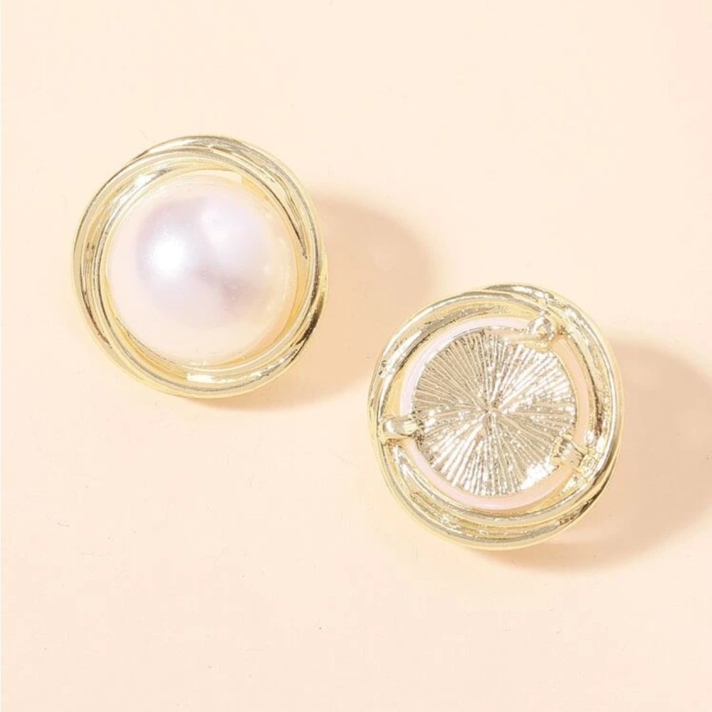 Gold Over 925 Sterling Silver Faux Pearl Decor Stud Earrings - Picture 5 of 6